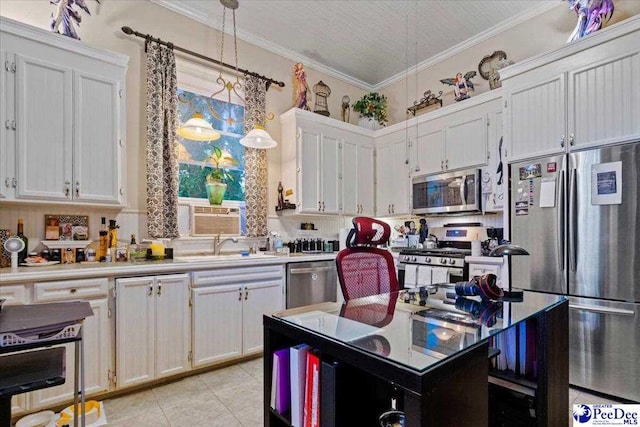 kitchen with light countertops, stainless steel appliances, white cabinets, and light tile patterned floors