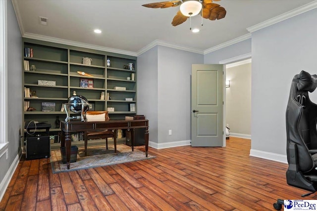 home office featuring hardwood / wood-style flooring, ceiling fan, and ornamental molding