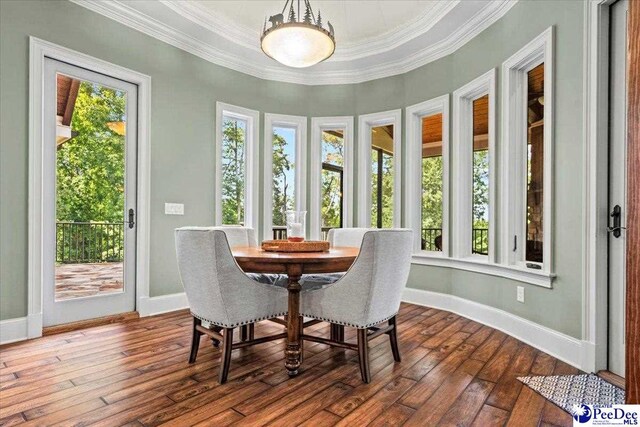 interior space with crown molding, wood-type flooring, and a healthy amount of sunlight