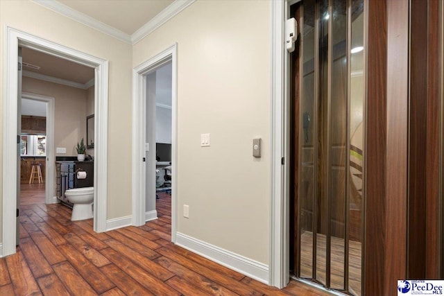 hallway featuring crown molding, elevator, and dark hardwood / wood-style flooring