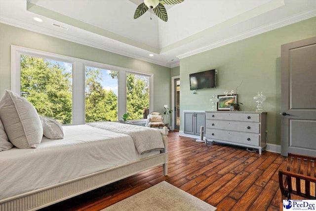 bedroom featuring dark wood-type flooring, crown molding, and a raised ceiling