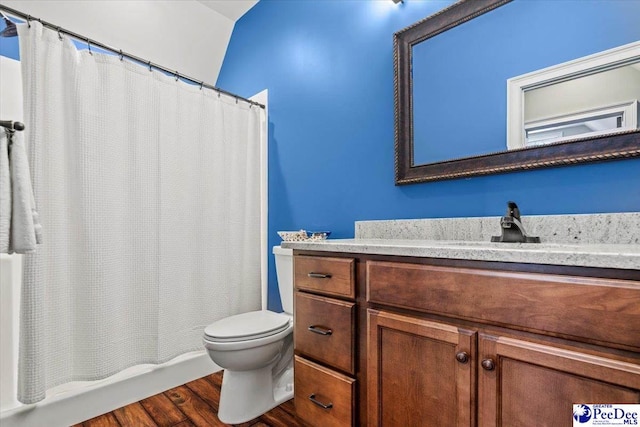 bathroom with wood-type flooring, toilet, and vanity