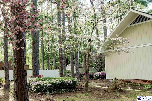 view of yard featuring fence, an outbuilding, and a storage unit