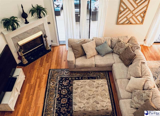 living area featuring a glass covered fireplace, baseboards, and wood finished floors