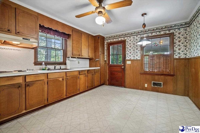 1817 E Sandhurst Dr, Florence, SC 29505 - kitchen with under cabinet range hood, brown cabinetry, light countertops, a wainscoted wall, and light floors