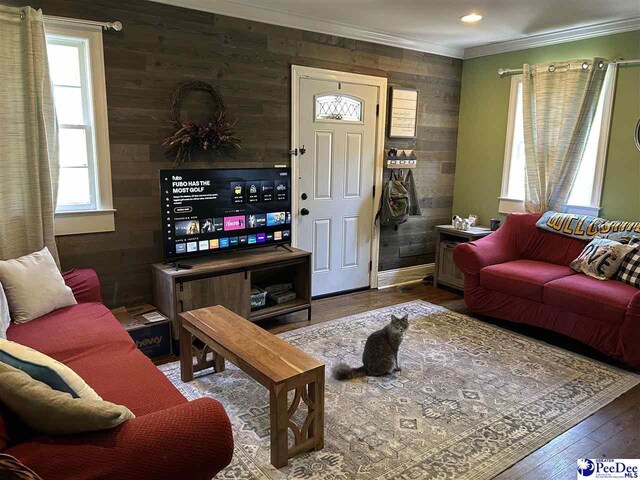 916 Kalmia St, Florence, SC 29501 - living room featuring ornamental molding and wood finished floors