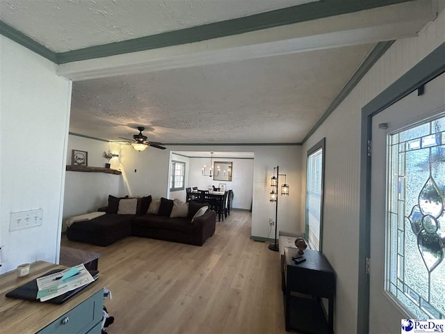 living room with crown molding, a healthy amount of sunlight, a textured ceiling, and light wood-type flooring