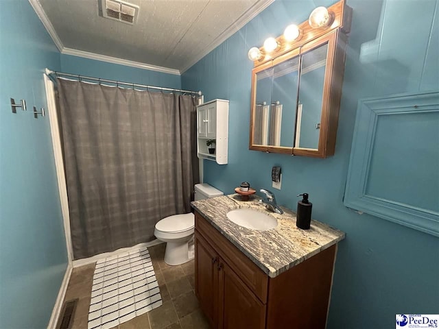 bathroom featuring ornamental molding, vanity, toilet, tile patterned floors, and a shower with curtain