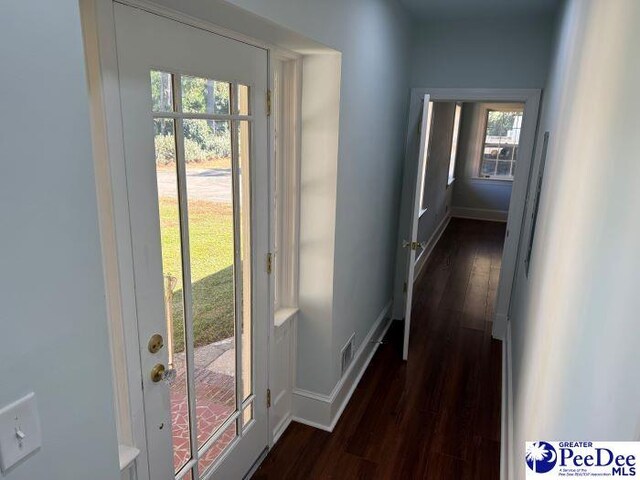 doorway to outside featuring dark wood-type flooring