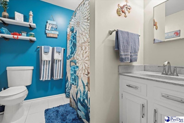 full bath featuring curtained shower, baseboards, toilet, tile patterned floors, and vanity