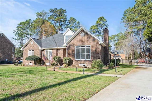 view of front of property with brick siding, a chimney, a front yard, and fence