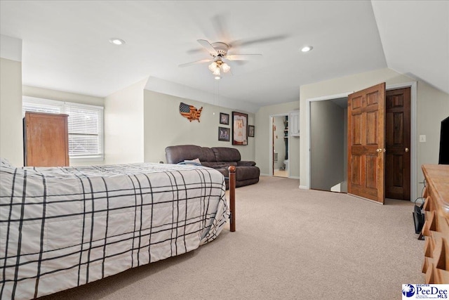 carpeted bedroom with recessed lighting and a ceiling fan