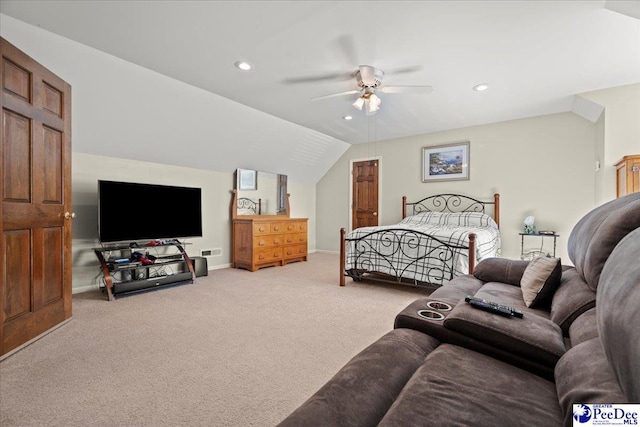 bedroom with recessed lighting, baseboards, carpet, and vaulted ceiling