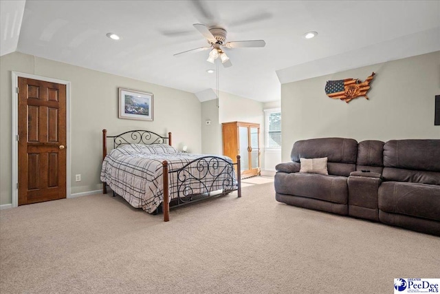 carpeted bedroom with recessed lighting, baseboards, lofted ceiling, and ceiling fan