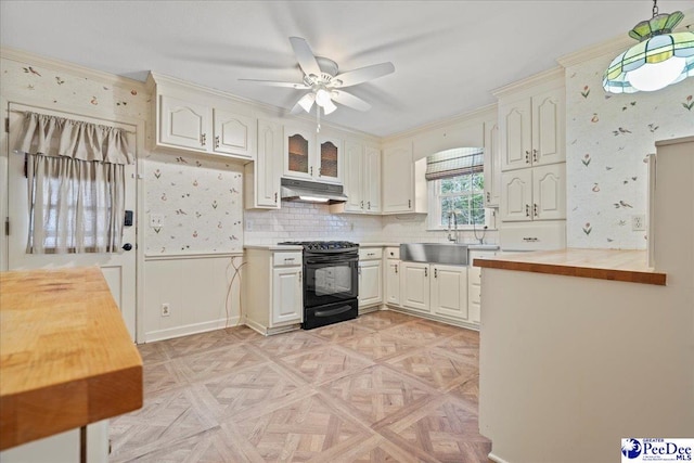 kitchen featuring wooden counters, a sink, ceiling fan, under cabinet range hood, and black / electric stove