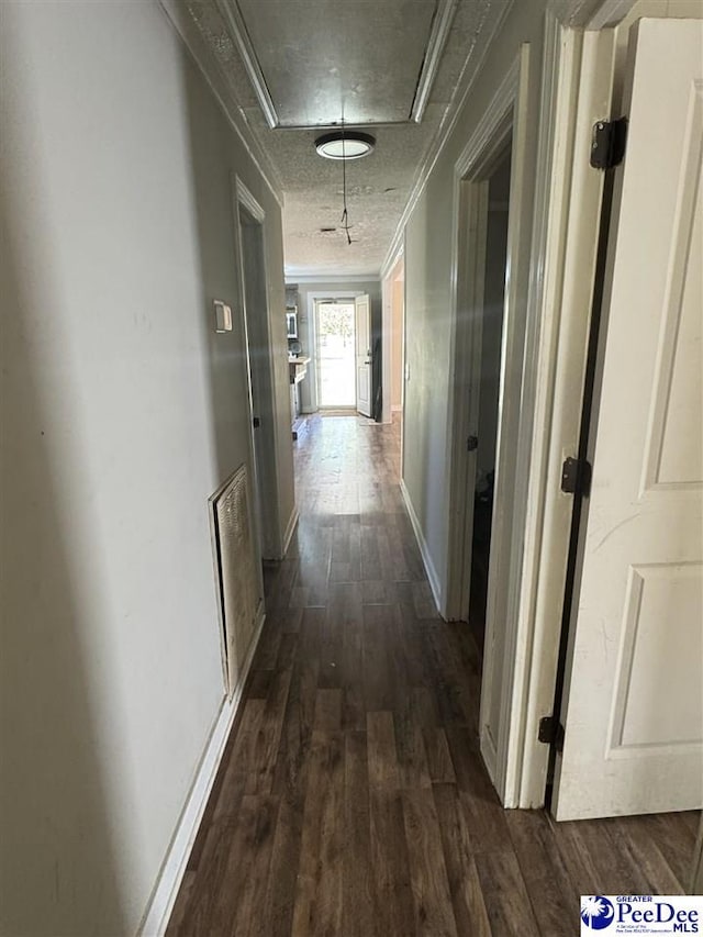 hallway featuring dark wood-type flooring, ornamental molding, and a textured ceiling