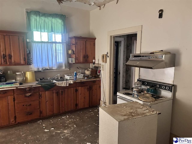 204 Witcover St, Marion, SC 29571 - kitchen with a sink, white range with electric cooktop, under cabinet range hood, and brown cabinets