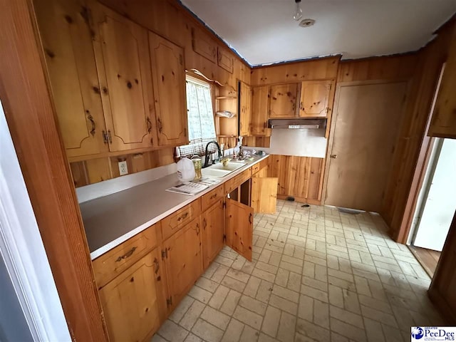 kitchen with brick floor, light countertops, a sink, and under cabinet range hood