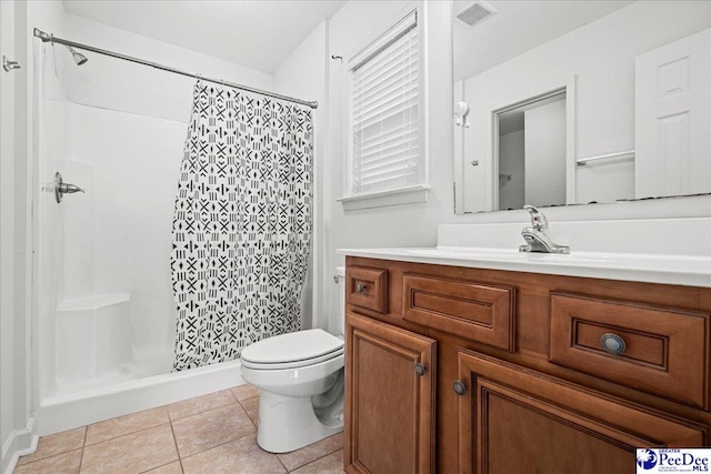 bathroom with visible vents, toilet, tile patterned floors, vanity, and a shower stall