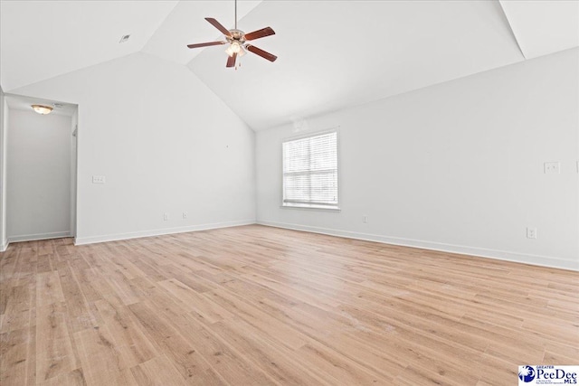 unfurnished living room featuring lofted ceiling, ceiling fan, light wood-style flooring, and baseboards