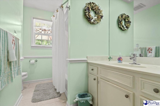 full bathroom featuring a shower with curtain, visible vents, tile patterned flooring, vanity, and toilet