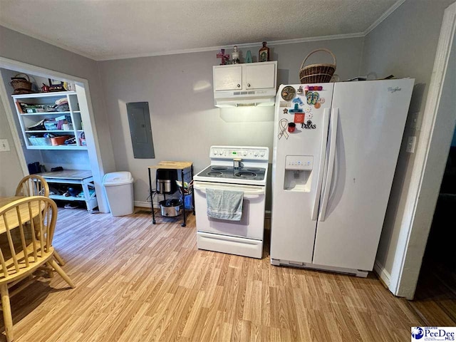 66 Victory Dr, Cheraw, SC 29520 - kitchen featuring white appliances, electric panel, light wood-style flooring, under cabinet range hood, and crown molding