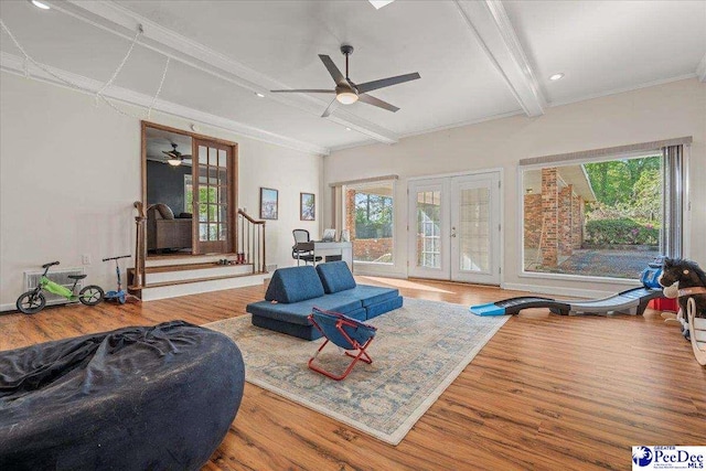 1403 Ballentine Ave, Hartsville, SC 29550 - living area with french doors, wood finished floors, ceiling fan, and beam ceiling