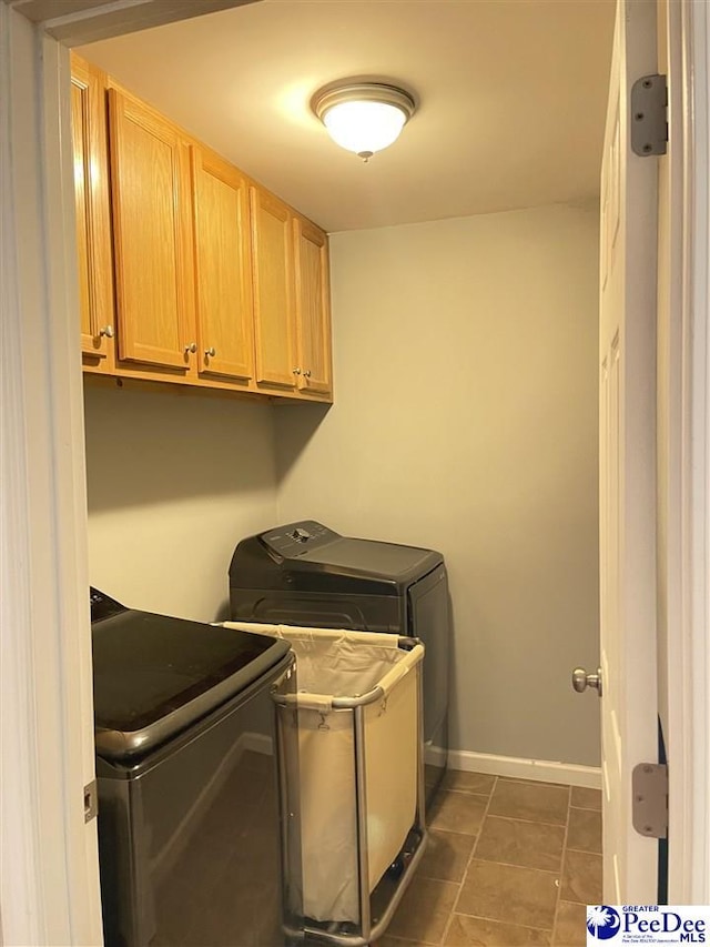 3007 Colton Dr, Florence, SC 29506 - laundry room with baseboards, cabinet space, dark tile patterned flooring, and washing machine and clothes dryer