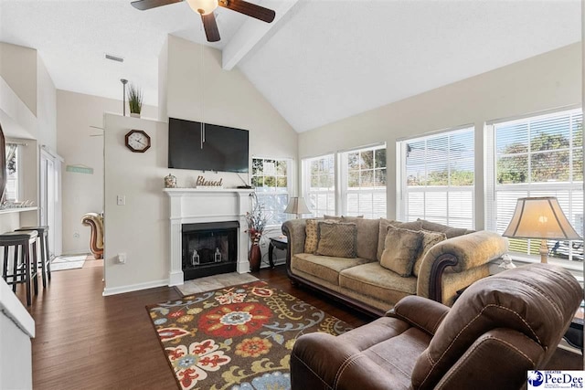 living room featuring beamed ceiling, ceiling fan, dark hardwood / wood-style floors, and high vaulted ceiling