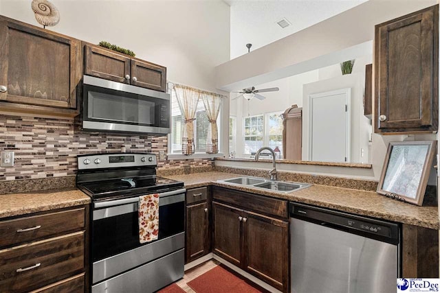 kitchen featuring tasteful backsplash, appliances with stainless steel finishes, sink, and dark brown cabinets