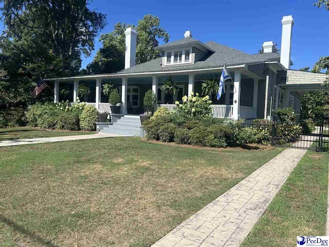 view of front of home featuring covered porch and a front lawn