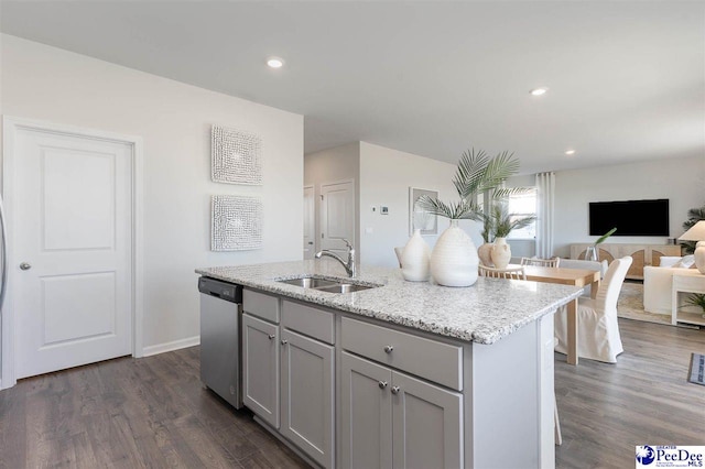 555 Strawberry Field Way, Galivants Ferry, SC 29588 - kitchen with dishwasher, a sink, gray cabinets, dark wood finished floors, and light stone countertops