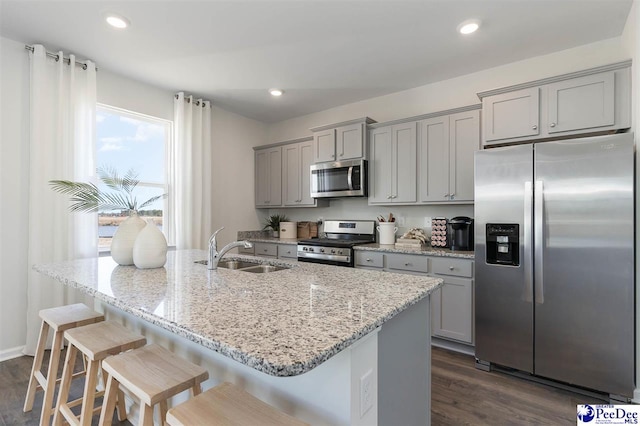 555 Strawberry Field Way, Galivants Ferry, SC 29588 - kitchen featuring appliances with stainless steel finishes, a sink, gray cabinetry, dark wood-style floors, and a breakfast bar area