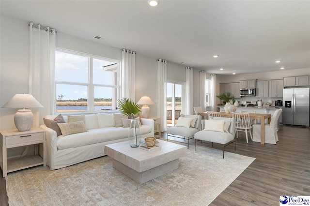 555 Strawberry Field Way, Galivants Ferry, SC 29588 - living area with recessed lighting, wood finished floors, and a water view