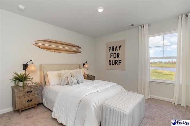 555 Strawberry Field Way, Galivants Ferry, SC 29588 - bedroom featuring light carpet, baseboards, and a water view