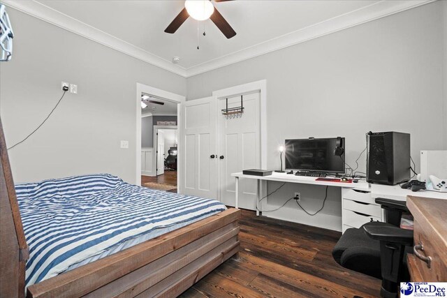 bedroom featuring crown molding, ceiling fan, wood finished floors, and a closet