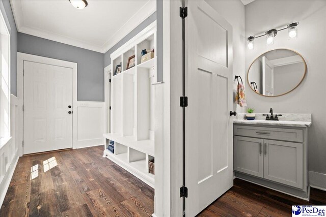 mudroom featuring a sink, ornamental molding, and dark wood-style floors