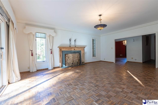 634 Georgetown Rd, Darlington, SC 29532 - unfurnished living room featuring ornamental molding and dark parquet flooring