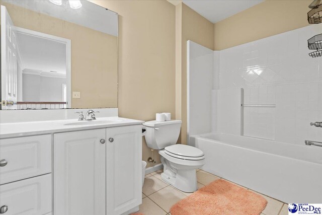 full bath with tile patterned flooring, shower / washtub combination, toilet, and vanity