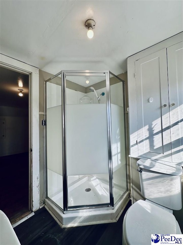 bathroom with wood-type flooring, a shower with shower door, and toilet