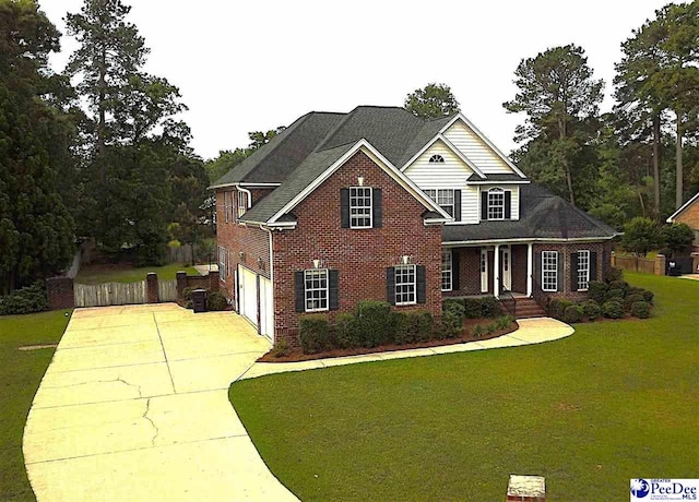 view of front facade featuring fence, an attached garage, a front lawn, brick siding, and concrete driveway