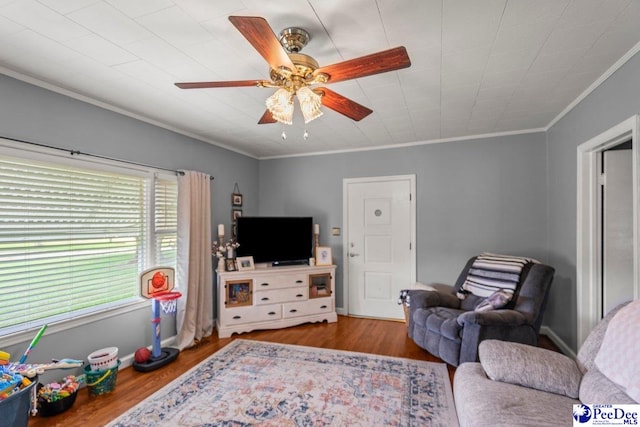 213 Newman Swamp Rd, Lamar, SC 29069 - living area featuring crown molding, a ceiling fan, and wood finished floors