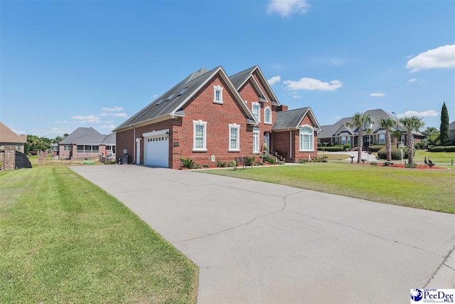 view of front of property featuring a garage and a front lawn