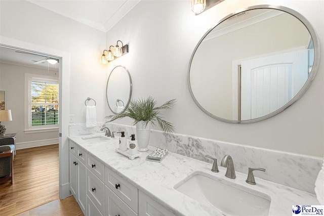 full bathroom featuring double vanity, crown molding, wood finished floors, and a sink