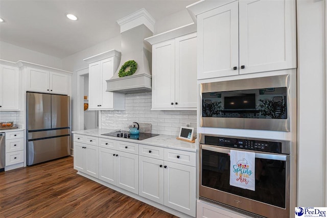 kitchen featuring dark wood-style flooring, white cabinets, stainless steel appliances, premium range hood, and tasteful backsplash