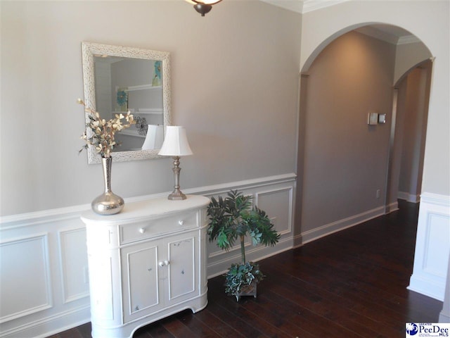 1081 Wessex Dr, Florence, SC 29501 - hall with a wainscoted wall, a decorative wall, dark wood-style floors, and arched walkways