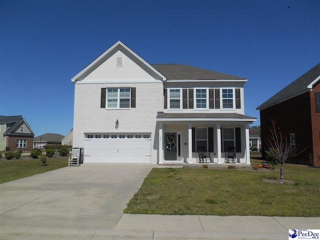1081 Wessex Dr, Florence, SC 29501 - traditional home featuring a front lawn, a porch, stucco siding, a garage, and driveway