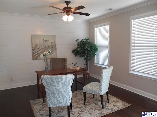 1081 Wessex Dr, Florence, SC 29501 - office space featuring visible vents, wood finished floors, crown molding, baseboards, and ceiling fan