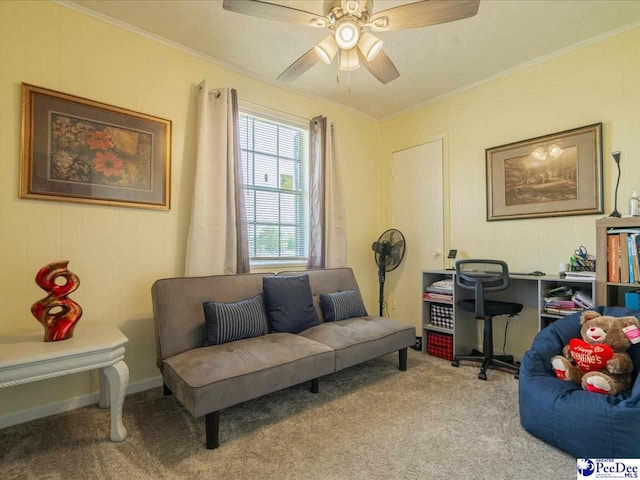 office space featuring ceiling fan, ornamental molding, and light carpet