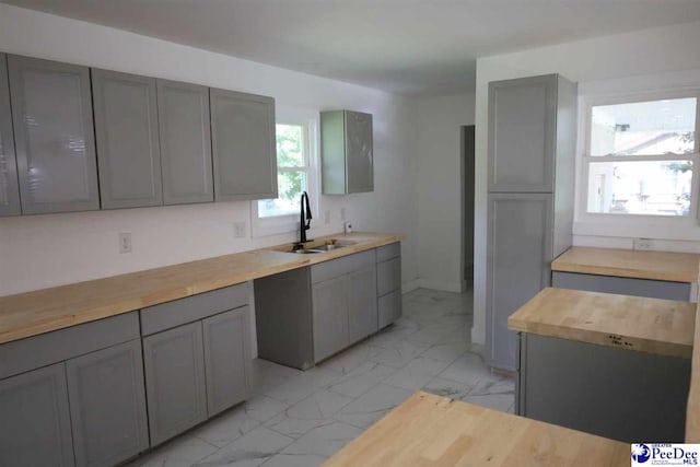 kitchen with wood counters, sink, and gray cabinets